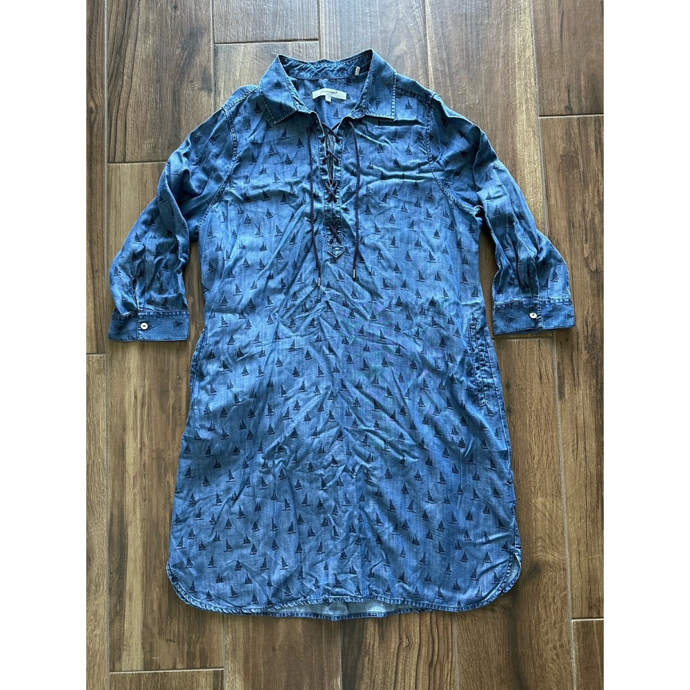 Foxcroft Sz 12 Tencel Popover Shirt Dress Nautical Sailboats Summer Relaxed Blue